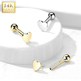 14K Solid Gold Cartilage Flat Heart Top Threadless Push-In Barbell