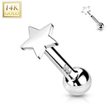 14K Solid Gold Cartilage Flat Star Top Threadless Push-In Barbell