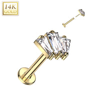 14K Solid Gold Threadless Labret With 3 CZ Fan Top