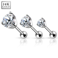 14K White Gold Cartilage Tragus Barbell with Prong CZ Top