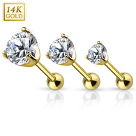 14K Solid Gold Cartilage Tragus Barbell with Prong CZ Top