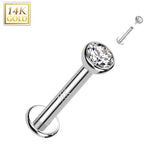 14K Solid Gold Internally Threaded Tragus Labret Stud CZ Bezel Ball