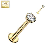 14K Solid Gold Internally Threaded Tragus Labret Stud CZ Bezel Ball