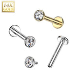 14K Solid Gold Internally Threaded Tragus Labret Stud CZ Bezel Ball