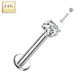 14K Solid Gold Internally Threaded Labret Stud Prong set CZ Top Tragus