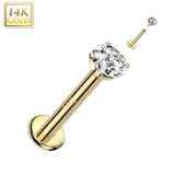 14K Solid Gold Internally Threaded Labret Stud Prong set CZ Top Tragus