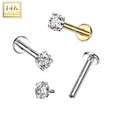 14K Solid Gold Internally Threaded Labret Stud Prong set CZ Top Tragus