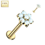 14K Solid Gold Internally Threaded Labret Stud CZ Opal Flower Top Tragus