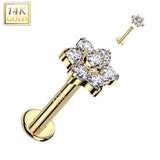 14K Solid Gold Internally Threaded Labret Stud CZ Opal Flower Top Tragus