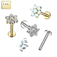 14Kt Gold Internally Threaded CZ & Opal Set Flower Lip Tragus