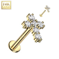 14K Solid Gold Internally Threaded Labret Stud CZ Cross Top Tragus