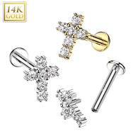 14K Gold Internally Threaded CZ Paved Cross Lip Labret, Tragus