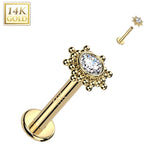 14K Solid Gold Internally Threaded Stud CZ Opal Tribal Sun Top Labret Tragus