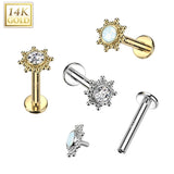 14K Solid Gold Internally Threaded Stud CZ Opal Tribal Sun Top Labret Tragus