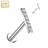 14K Solid Gold Internally Threaded Labret Tragus Stud CZ Paved Bar Top