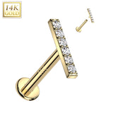 14K Solid Gold Internally Threaded Labret Tragus Stud CZ Paved Bar Top