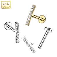 14K Gold Internally Threaded Labret Tragus CZ Paved Bar Top