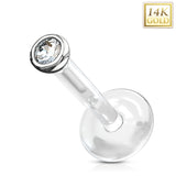 2 mm CZ 14 Kt. Solid Gold Top With Bio Flex Shaft Lip Labret Tragus