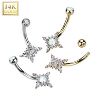 14K Gold Starburst Center Opal or CZ Belly Button Navel Ring
