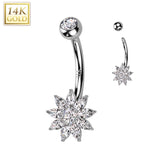 14K Solid Gold CZ Flower Navel Belly Button Ring