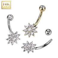 14K Gold CZ Flower Belly Button Navel Ring