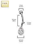 14K Solid Gold Tear Drop Opal or CZ Pave Belly Button Navel Ring