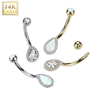 14K Gold Tear Drop Opal or CZ Pave Belly Button Navel Ring
