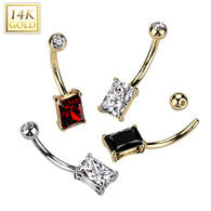 14K Gold Prong Set Princess Cut Belly Button Navel Ring