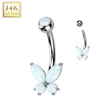 14K Solid Gold Opal or CZ Butterfly Belly Button Navel Ring