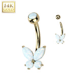 14K Solid Gold Opal or CZ Butterfly Belly Button Navel Ring