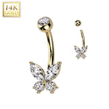 14K Solid Gold Opal or CZ Butterfly Belly Button Navel Ring