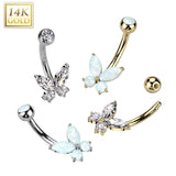 14K Solid Gold Opal or CZ Butterfly Belly Button Navel Ring
