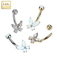 14K Gold Opal or CZ Butterfly Belly Button Navel Ring