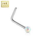 14K Solid White Gold Opal Ball L Bend Nose Stud Ring