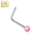 14K Solid White Gold Opal Ball L Bend Nose Stud Ring