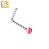 14K Solid White Gold Opal Ball L Bend Nose Stud Ring