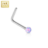 14K Solid White Gold Opal Ball L Bend Nose Stud Ring
