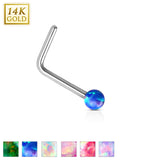 14K Solid White Gold Opal Ball L Bend Nose Stud Ring