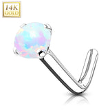 14K Solid Gold 2mm Opal L Bend Nose Ring