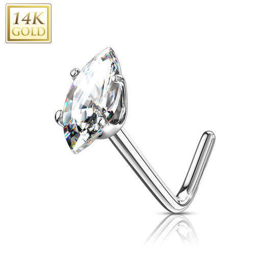 14K Solid Gold Marquise CZ L Bend Nose Stud Ring