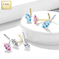 14Kt. Solid Gold Marquise CZ L Bend Nose Stud Ring