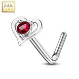 14Kt. Solid Gold Hollow Heart With Round CZ L Bend Nose Stud Ring