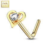 14Kt. Solid Gold Hollow Heart With Round CZ L Bend Nose Stud Ring