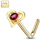 14K Solid Gold Hollow Heart With Round CZ L Bend Nose Stud Ring