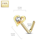 14Kt. Solid Gold Hollow Heart With Round CZ L Bend Nose Stud Ring