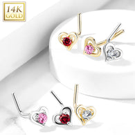14Kt. Solid Gold Hollow Heart With Round CZ L Bend Nose Stud Ring