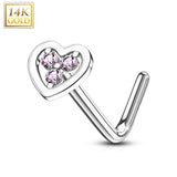 14Kt. Solid Gold Hollow Heart With Tri Stacked CZ L Bend Nose Stud Ring