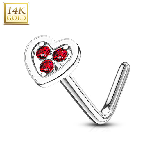 14K Solid Gold Hollow Heart With Tri Stacked CZ L Bend Nose Stud Ring