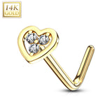 14K Solid Gold Hollow Heart With Tri Stacked CZ L Bend Nose Stud Ring