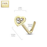14Kt. Solid Gold Hollow Heart With Tri Stacked CZ L Bend Nose Stud Ring